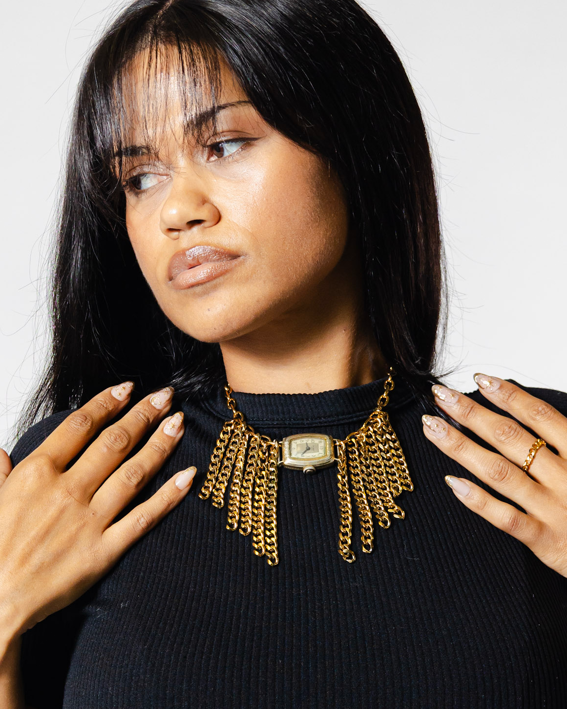 one of a kind upcycled chunky gold watch necklace with dangling chain fringe